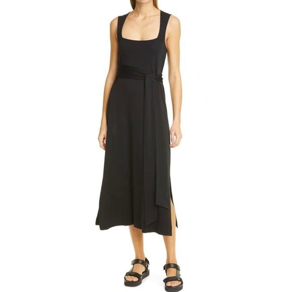 VINCE Sleeveless Midi Faux Wrap Dress Womens XXS Black Square Neck Cotton - Picture 1 of 13